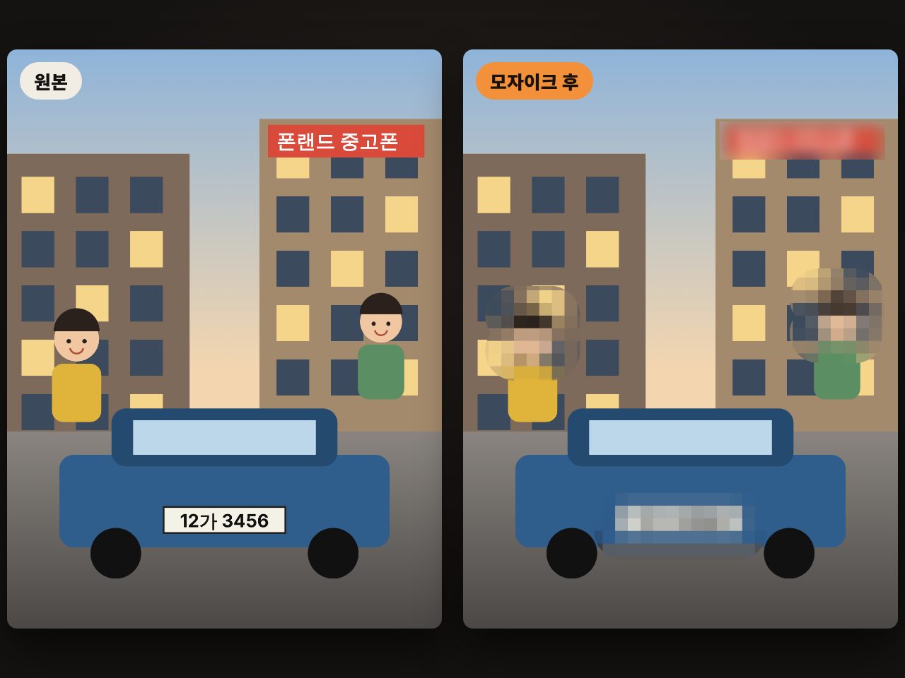 사진 모자이크 전과 후 비교, 얼굴과 차 번호판과 간판을 가린 모습