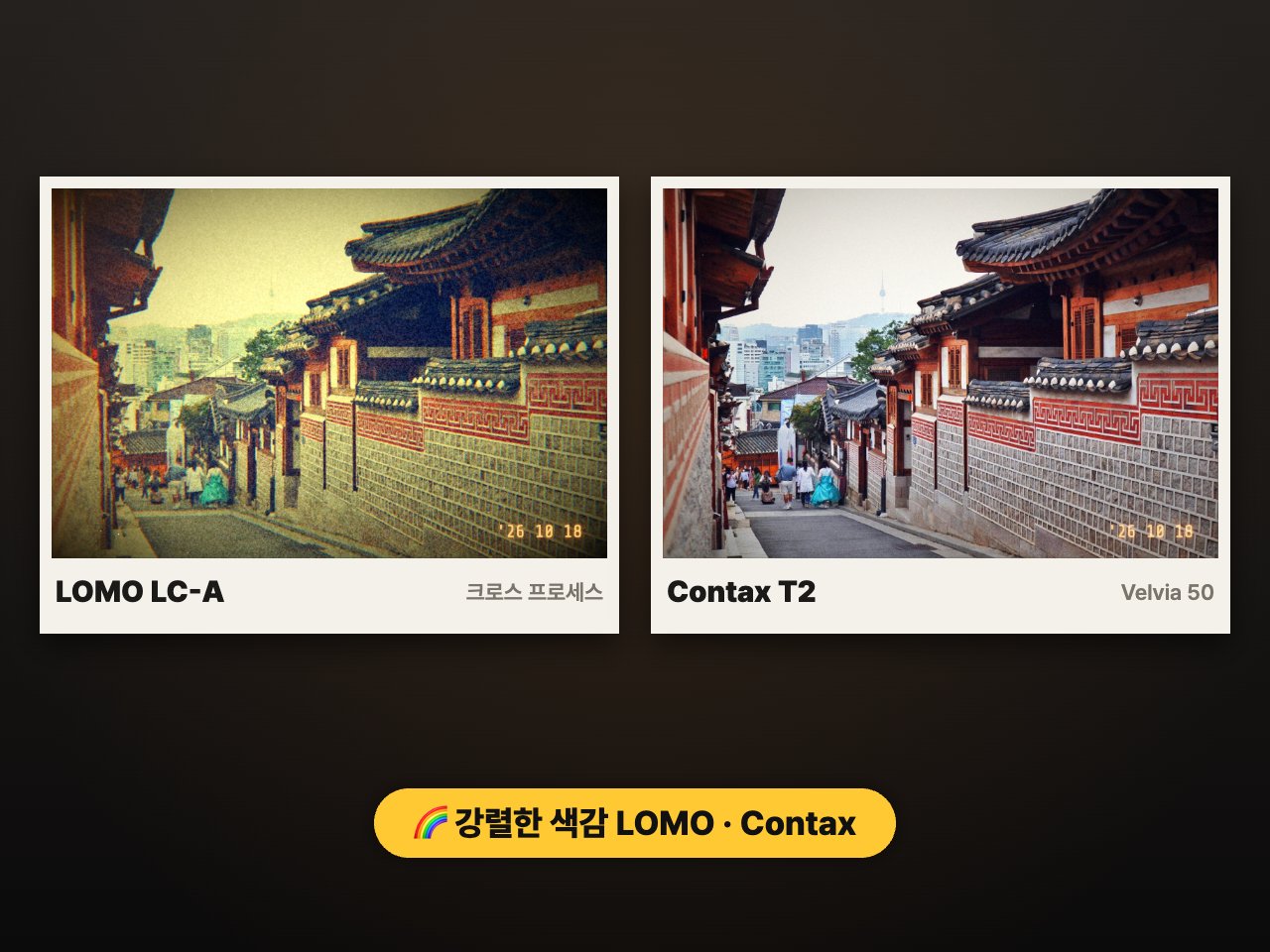 LOMO LC-A 크로스 프로세스와 Contax T2 벨비아 50 필름 색감 비교