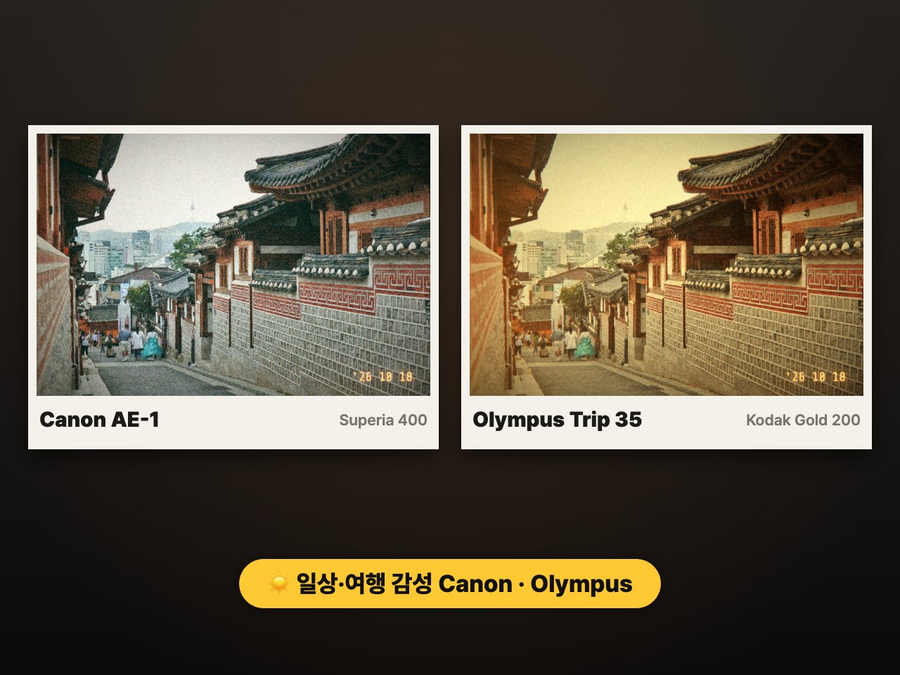 Canon AE-1 후지 슈페리아와 Olympus Trip 35 코닥 골드 필름 색감 비교
